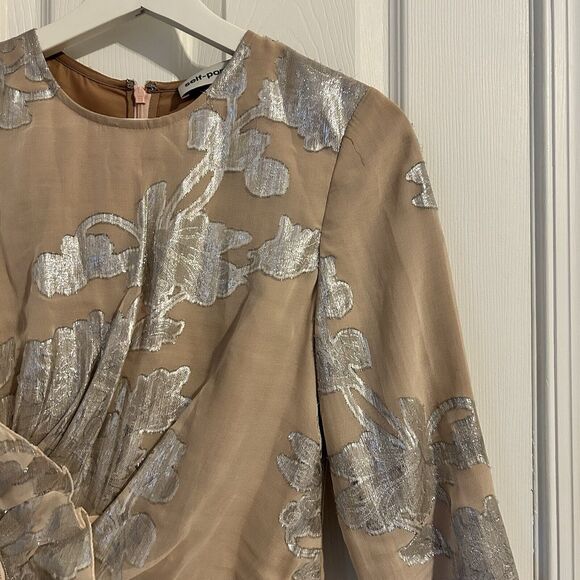 Self Portrait Dress Metallic Fil Coupe Ruffle Mini Beige Tan Silver Cocktail 4 - Picture 4 of 15